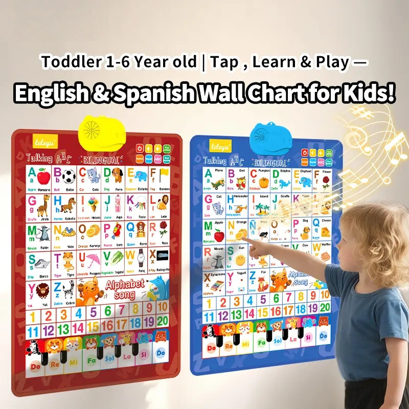 Bilingual Talking Wall Chart for Kids – English & Spanish Learning Poster with Songs, ABCs, Numbers, Animal words & Piano – Interactive Educational Toy for Toddlers 1-6 – No Screen, Battery Powered classroom use Alphabet Preschool