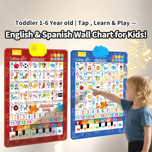 Bilingual Talking Wall Chart for Kids – English & Spanish Learning Poster with Songs, ABCs, Numbers, Animal words & Piano – Interactive Educational Toy for Toddlers 1-6 – No Screen, Battery Powered classroom use Alphabet Preschool