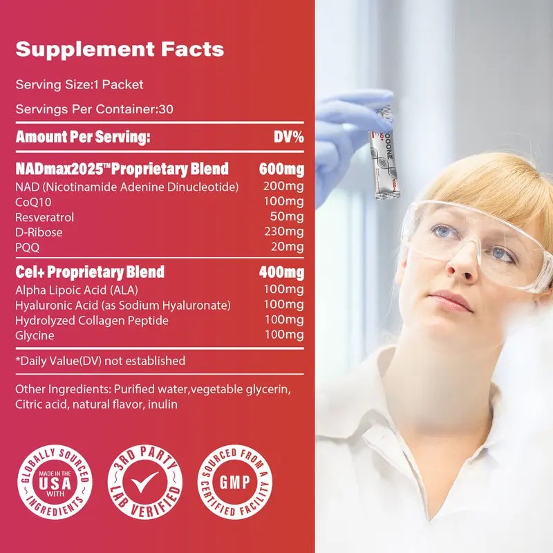1000mg NAD+ Berry Flavor Drink Mix for Skin Aging Support, Energy, and Focus - 30 Pack -