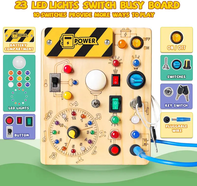 Busy Board,Montessori Toys for 1-3 Years Old, Wooden Toddler Toys, Sensory Travel Toys, Ideal Gift for 1+ Year Old Boys (Busy Board Plus V2) dealsforyoudays Learning Materials Infant road trip Multi Activity Playset