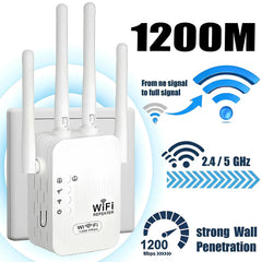 WiFi Extender 2025 6-Antenna StrongHoliday HaulSignal, 1200Mbps Dual Band (5GHz/2.4GHz)Booster, Covers 12,000 sq. ft & 100 DevicesRepeater with Gigabit Port & Al ConnectivityIdeal for Home Studios, Remote Workspaces
