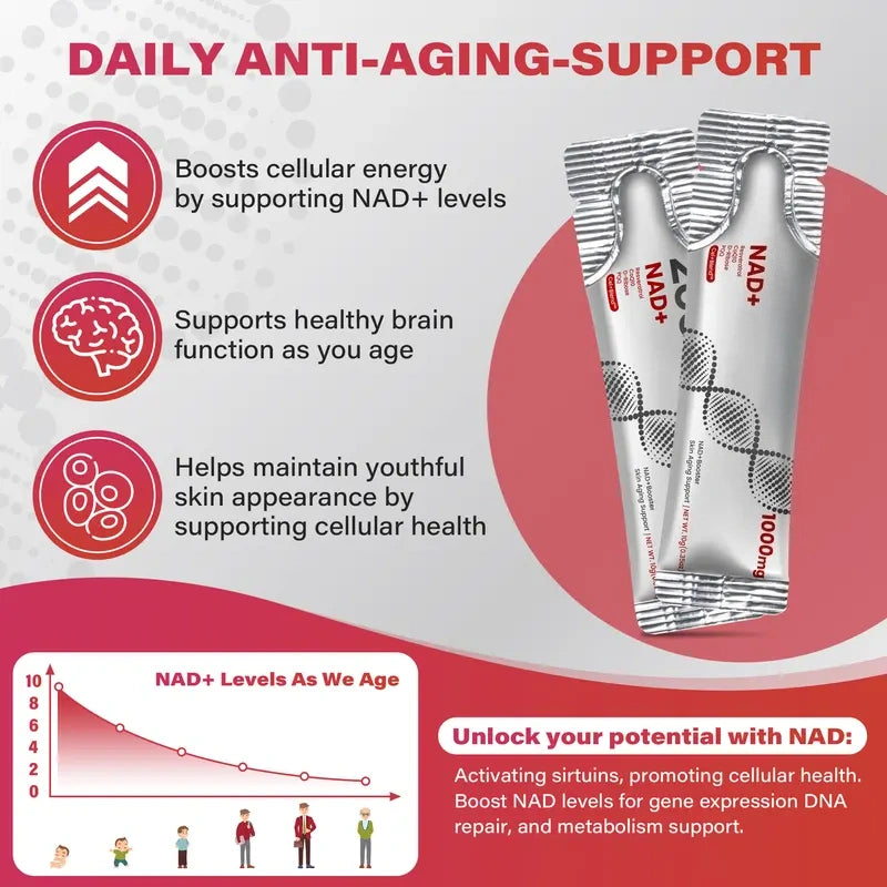 1000mg NAD+ Berry Flavor Drink Mix for Skin Aging Support, Energy, and Focus - 30 Pack -