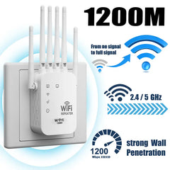 WiFi Extender 2025 6-Antenna StrongHoliday HaulSignal, 1200Mbps Dual Band (5GHz/2.4GHz)Booster, Covers 12,000 sq. ft & 100 DevicesRepeater with Gigabit Port & Al ConnectivityIdeal for Home Studios, Remote Workspaces