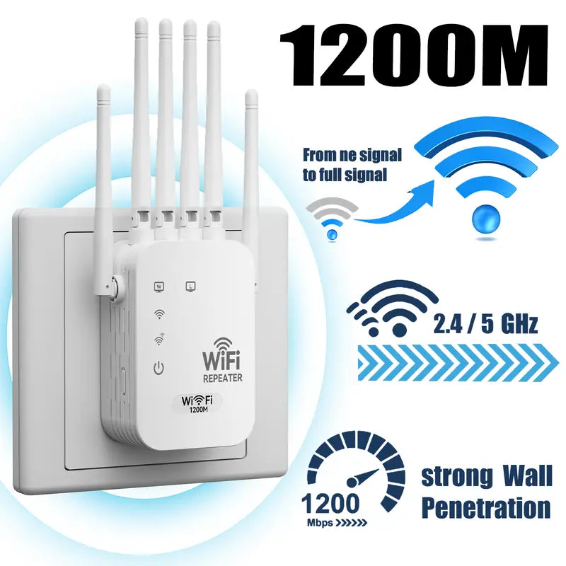 WiFi Extender 2025 6-Antenna StrongHoliday HaulSignal, 1200Mbps Dual Band (5GHz/2.4GHz)Booster, Covers 12,000 sq. ft & 100 DevicesRepeater with Gigabit Port & Al ConnectivityIdeal for Home Studios, Remote Workspaces