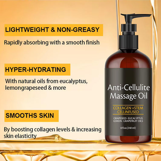 Cellulite Massage Oil 8oz - Smooth the Appearance of Cellulite - Body Care & Skin Care Massage Oil - Topical Collagen and Plant Stem Cell Body Oil to Restore Texture and Elasticity - Soothing Body Oil